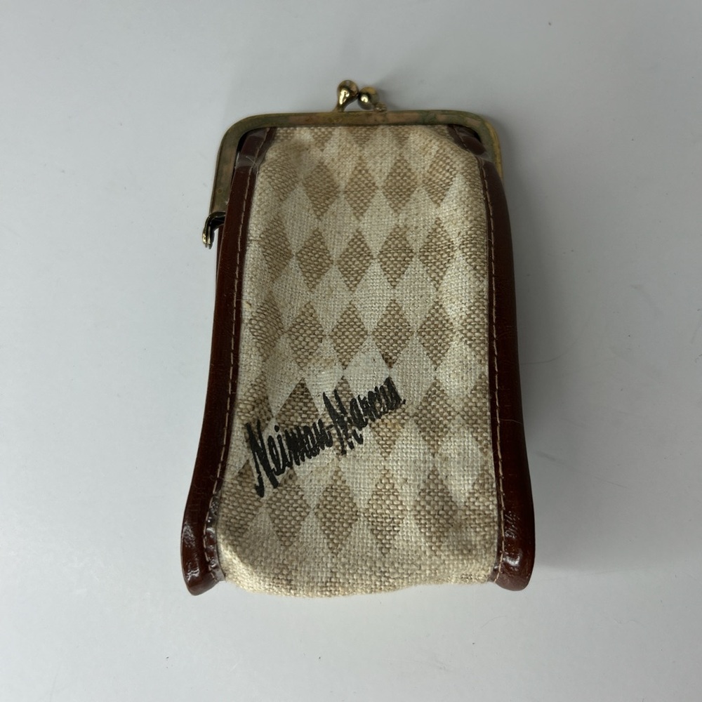 Neiman Marcus Cream and Brown Diamond Pattern Coin Cigarette Pouch vintage 70s